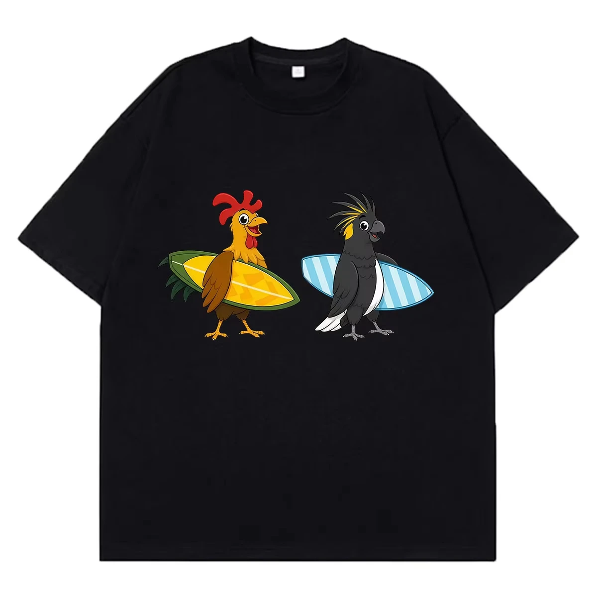 Surfing Beach Bird and Chicken Funny Meme T Shirt Men Fashion Casual T-shirt Short Sleeve Oversized Cotton T-shirts Streetwear