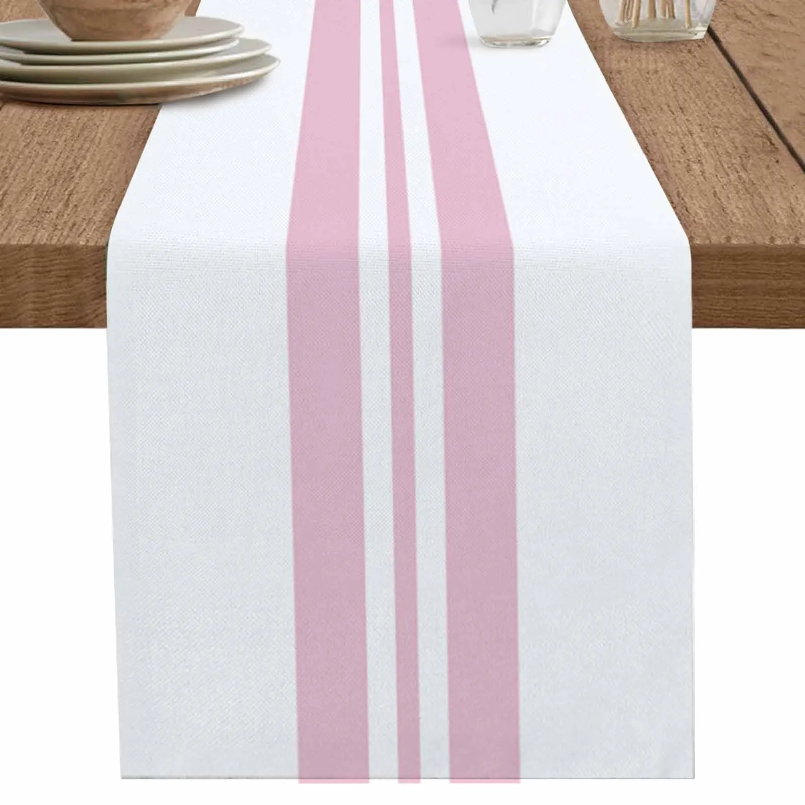 

Pink White Vertical Stripes Table Runner Cotton Linen Wedding Dinner Decor Table Flag Holiday Home Tea Table Decoration