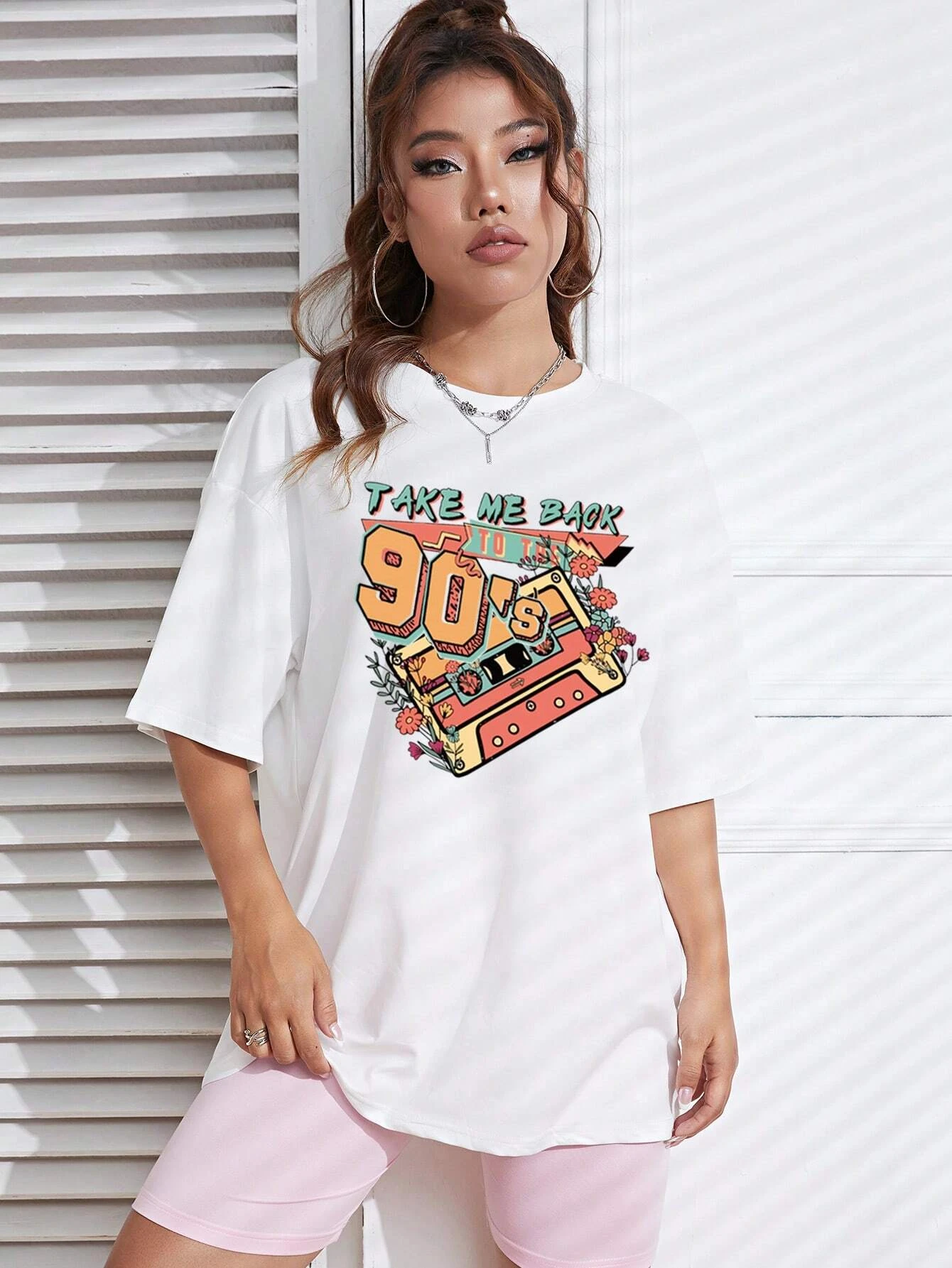 Take Me Back To The 90s Printed T-Shirt Women's Machine Washable Vintage T-Shirt Street Fashion Soft Top Design Classic Style