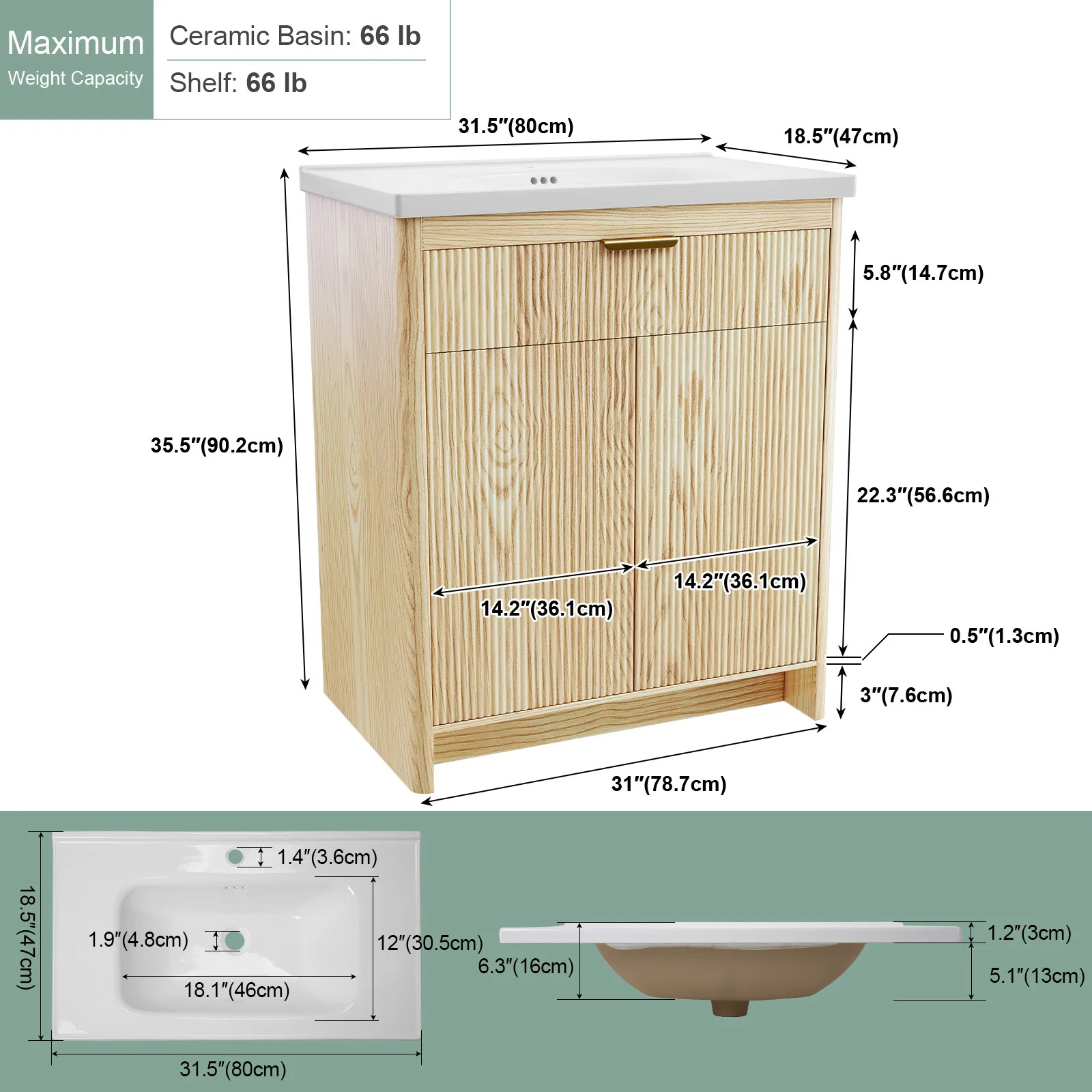 31 Inch Bathroom Vanity with Ceramic Sink, Modern Wood Grain Sink Cabinet with Storage Doors, Freestanding Bathroom Vanity Cabinet Set for Home Hotel