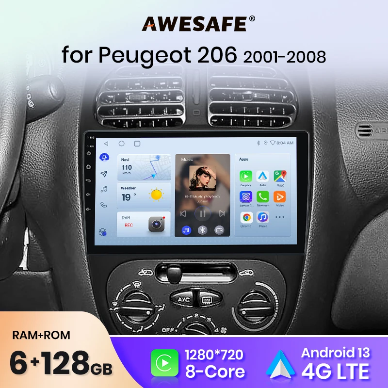 AWESAFE PX9 Car Radio Autoradio for Peugeot 206 2001-200 Wireless Carplay Screen Android Auto Stereo GPS Navi FM RDS BT SWC