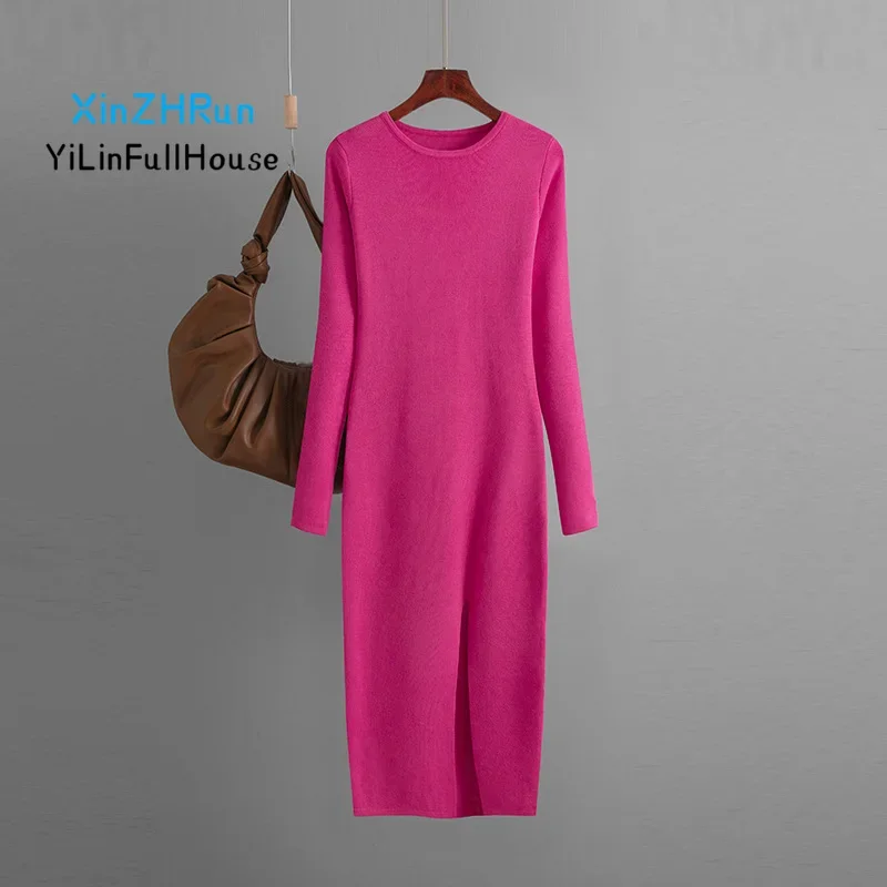 

Autumn Winter Women's Fashionable Round Neck Slit Long Sleeved Slim Knit Dress Sexy Tight Fitting Base Skirt Hip Hugging Skirt