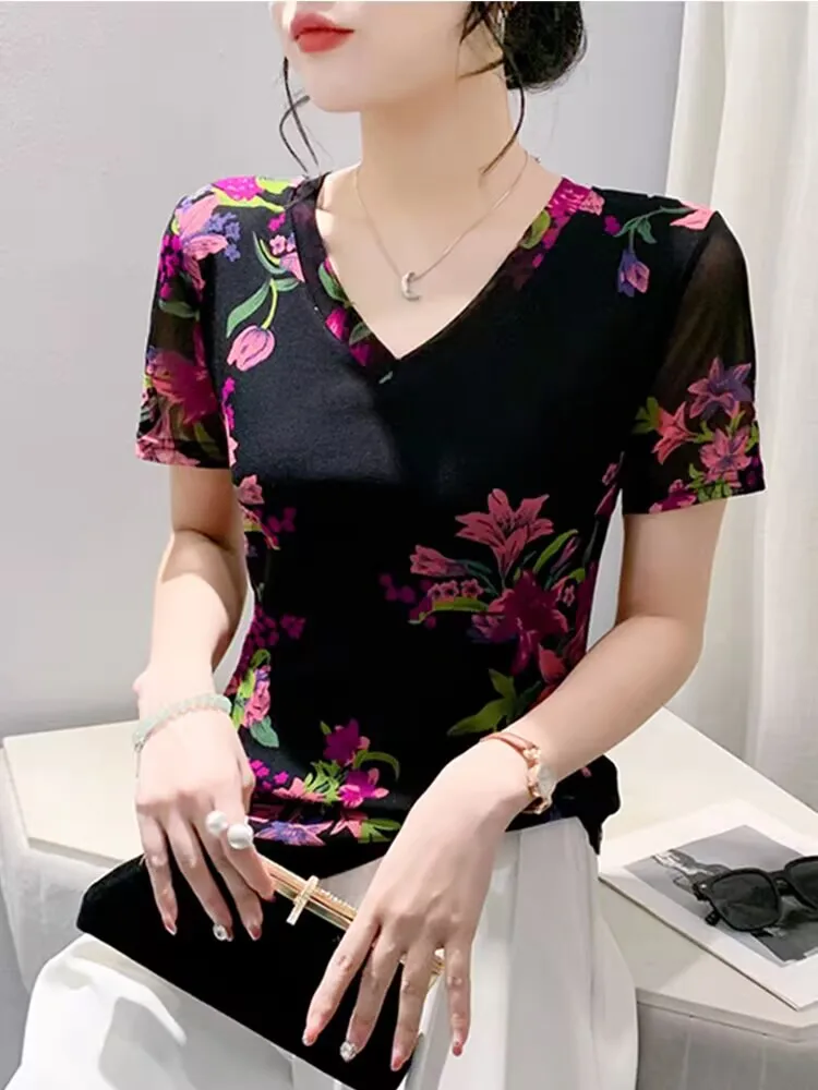 2024 New Arrival Elegant Female T-shirt Summer Woman S-3XL Short Sleeves Printed Flowers Art High Street Retro Dress To Kil