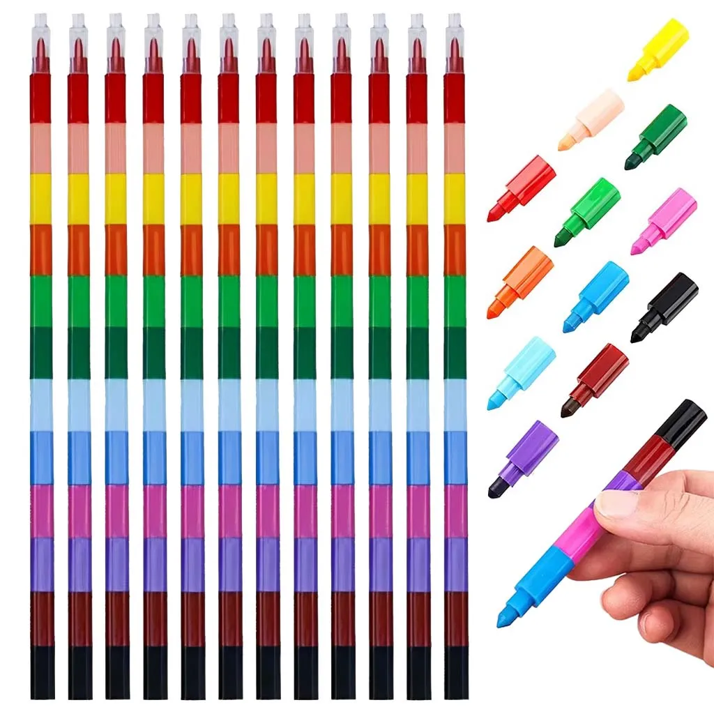 Multi Colors Stackable Wax Crayons 1/3/6/12PCS Modular Building Block Pens for Art Drawing DIY Craft Supplies Portable TMZ