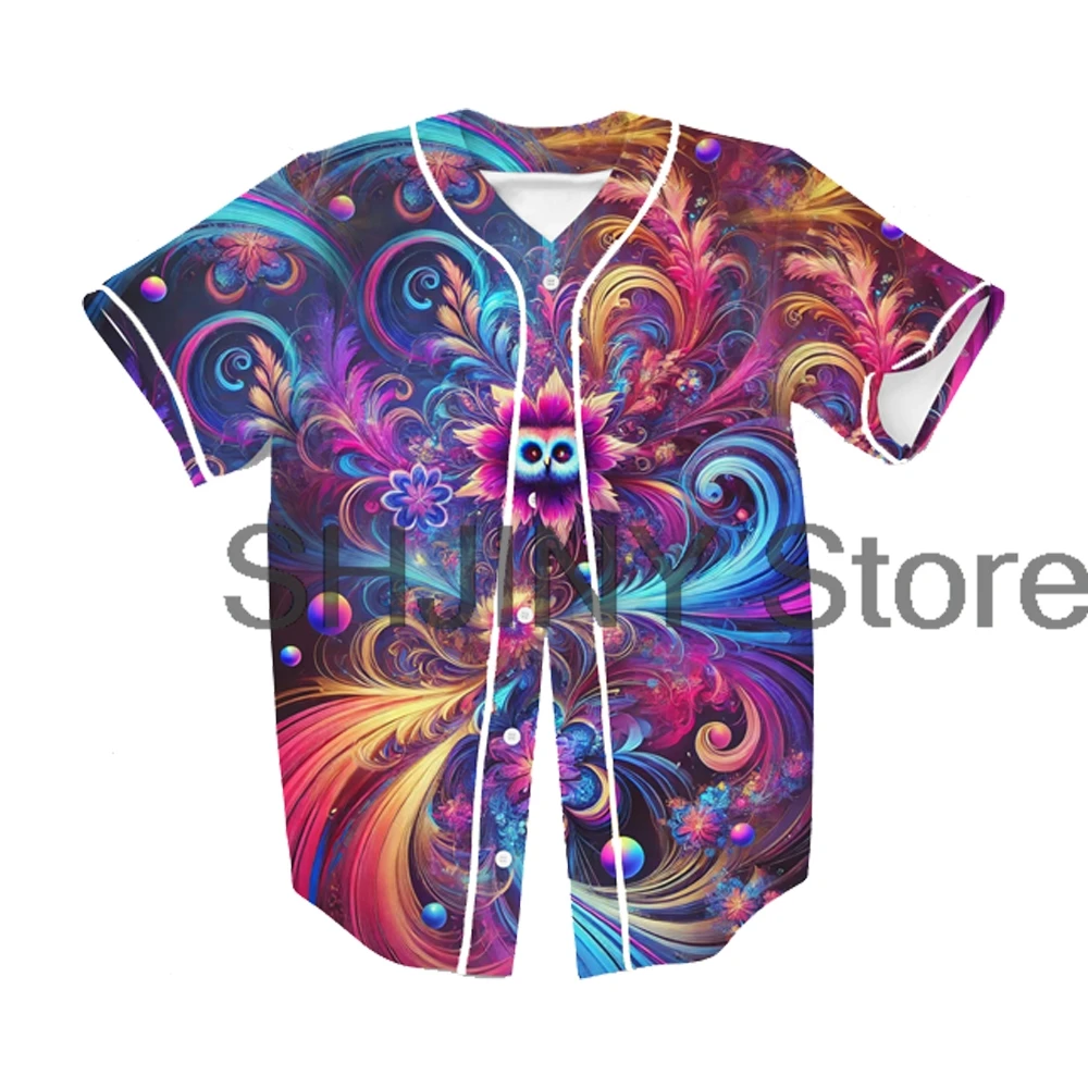 Edc Orlando Trippy Owl Rave Baseball Jersey For Edm Festival Short Sleeve Button-up Shirts Women Men Streetwear Tops