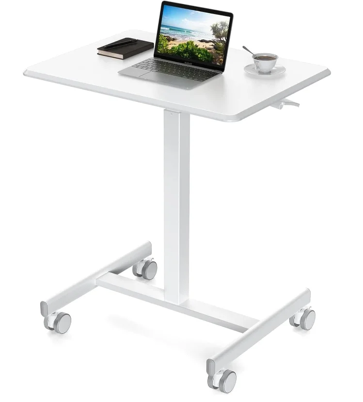 Pneumatic Mobile Desk  Overbed Laptop Table Computer  Lockable Wheels Gas-Spring Height Adjustable Sit To Stand Desk