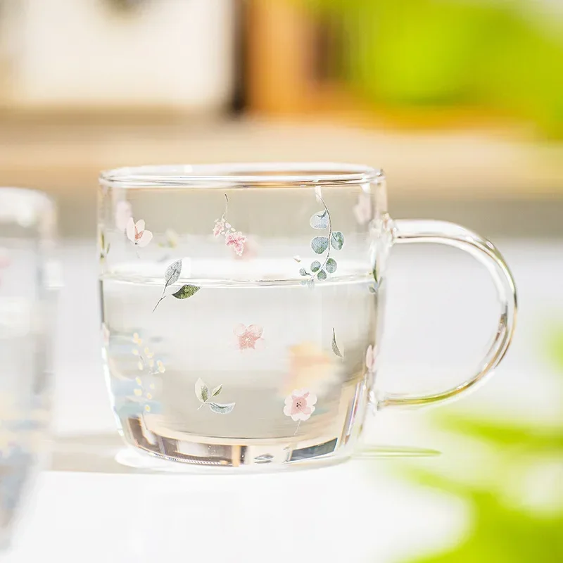 Coffee Mug Borosilicate Glass Creative Flower Pattern with Handle Tea Water Transparent Drinking Glasses Home Breakfast Cup
