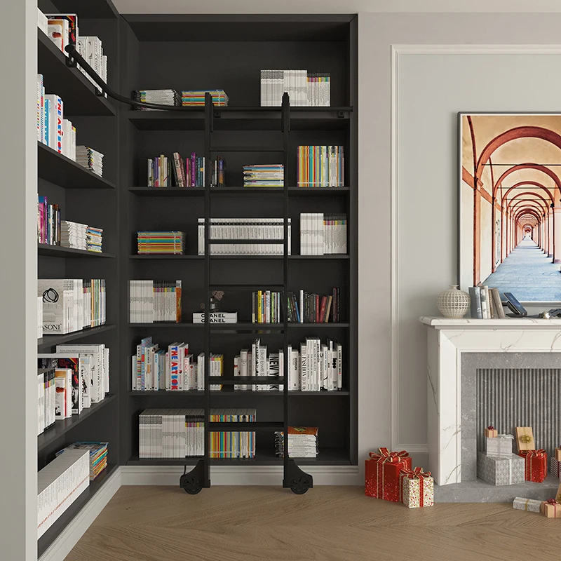 Aluminum alloy bookshelf ladder mobile  study bookcase household straight indoor attic wardrobe pulley track
