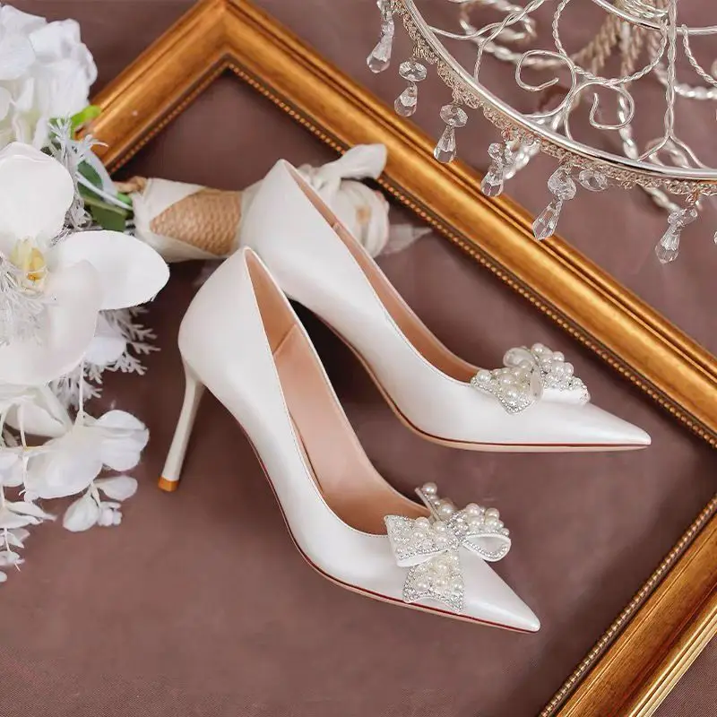 2024 New Fashion Pointed Toe High Heels Women\'s Stiletto White Pearl Bridal Wedding Shoes Banquet Party Shoes shoes for women