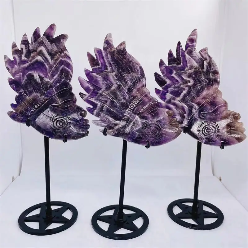 17.5cm Natural Dream Amethyst Indian Chief Crystal Stone Statues Healing Gemstone Sculpture Home Decoration Gift 1pcs