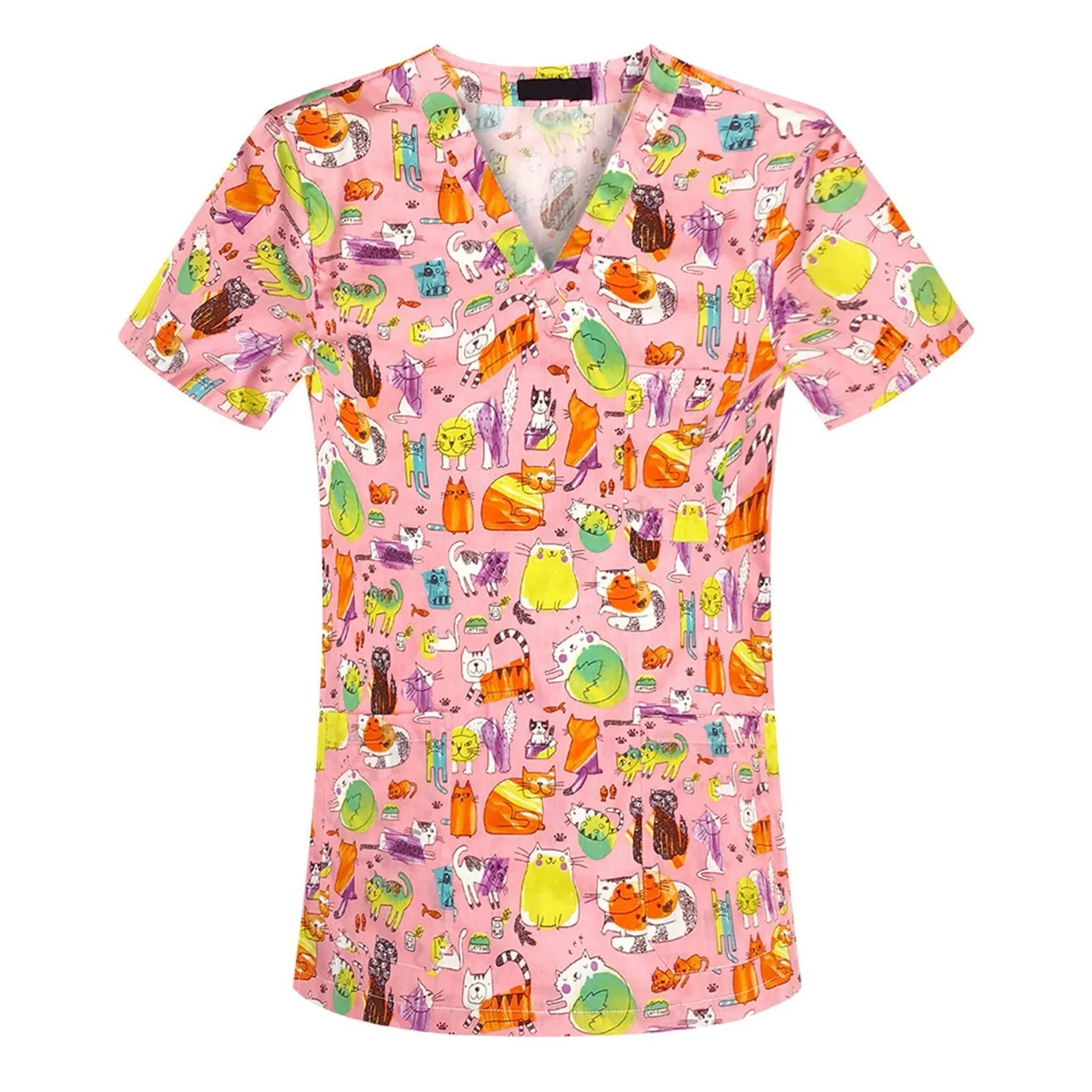 

Cute Cartoon Animal Printing Women's Nurse Clothes Hospital Surgical Uniform Tops V Neck Short Sleeve Slim Fit Nursing Scrub Top