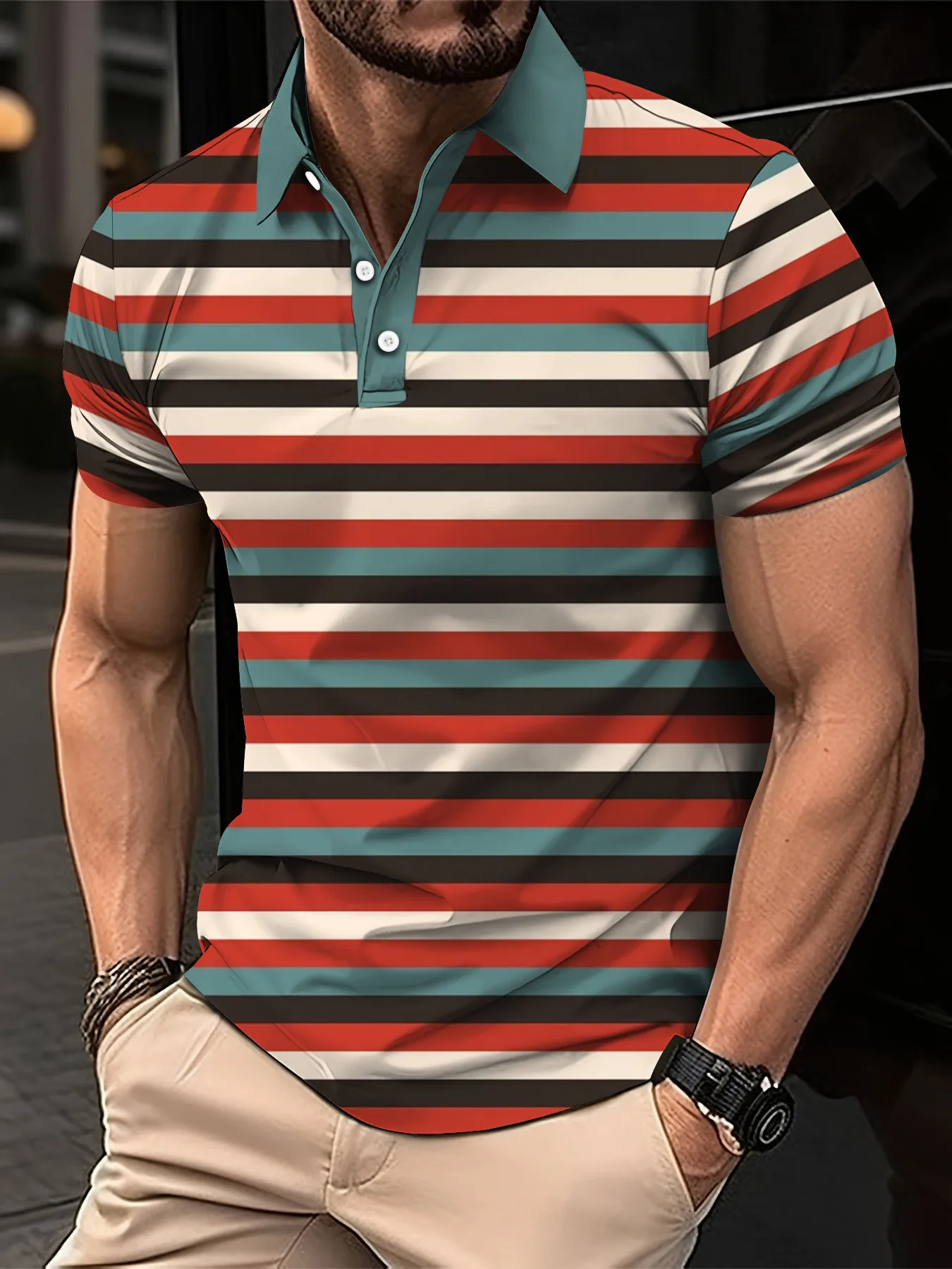 2024 New Men\'s Summer Short Clothes Sleeved Lapel 3D Digital Printed Striped Polo Shirt Men\'s Business Casual Top Clothes