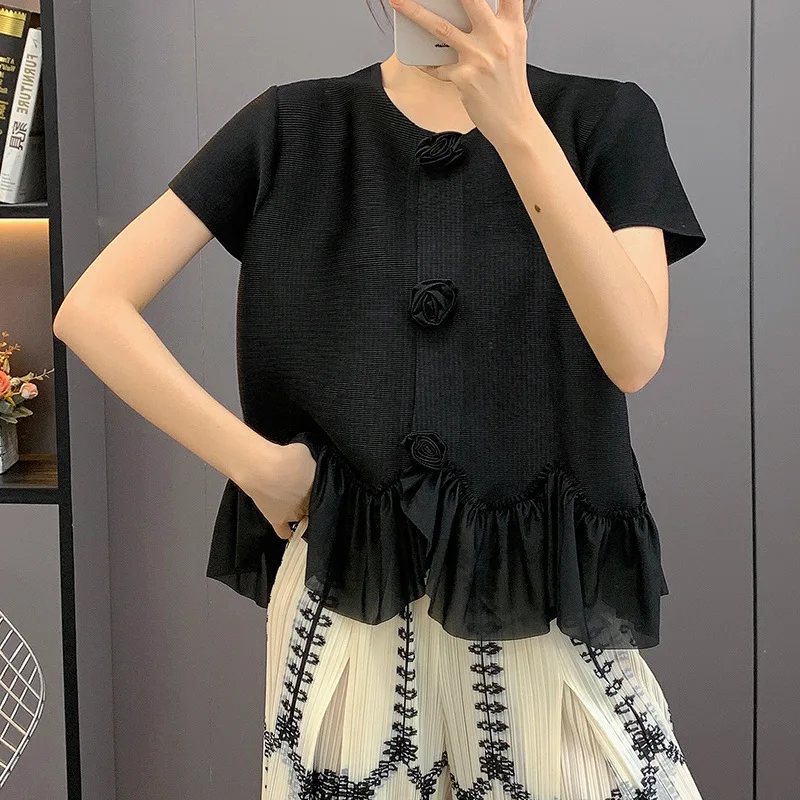 

2025 Summer Advanced Solid Colour Design Sense of Sweet Fresh Style Loose Versatile Short-sleeved Tops Miyake Pleated T-shirt