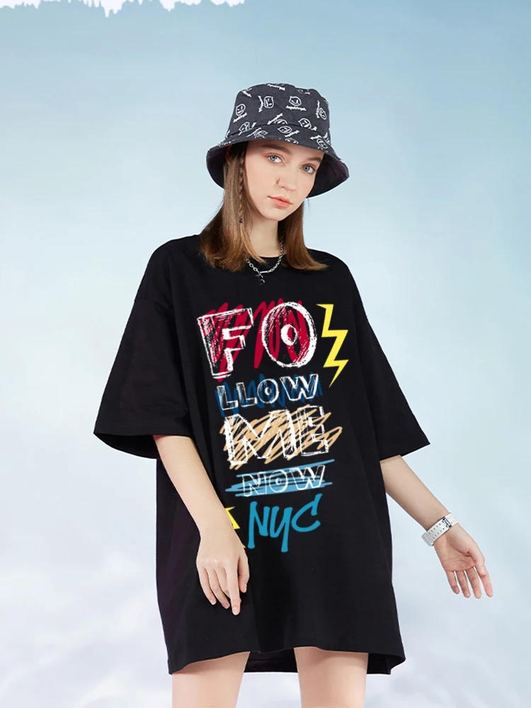 Follow Me Now Street Style Letter T-Shirts Female Summer High Quality T Shirt Crewneck Casual Short Sleeve Loose Cotton Tops