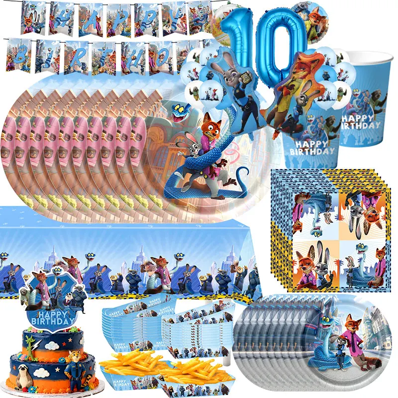 Nouvelles décorations d'anniversaire Zootopia 2 : Assiettes, gobelets, ballons Judy et Nick, sacs à bonbons, bannière, toile de fond et fournitures de fête pour enfants