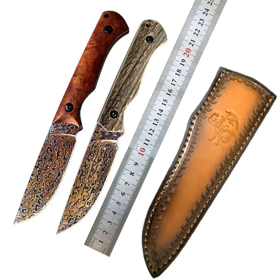 

Damascus Steel Fixed Blade Knife Deer Antler / Cherry Blossom Handle Collection Straight Hunting Knifes With Leather Case