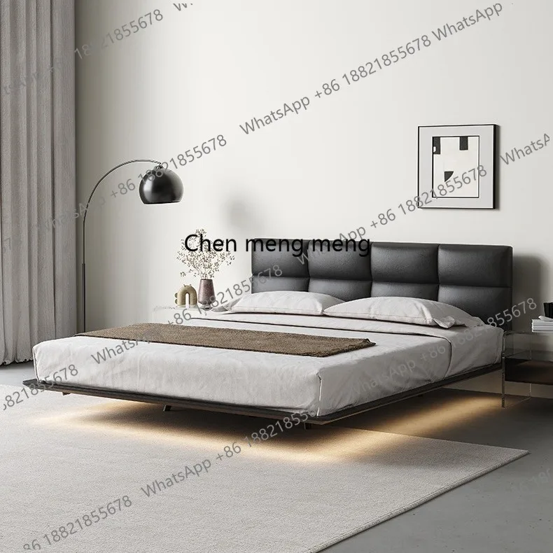 Solid wood suspension bed Italian  , master bedroom, light luxury and simple black leather soft bag bed, ultra-thin bedside bed