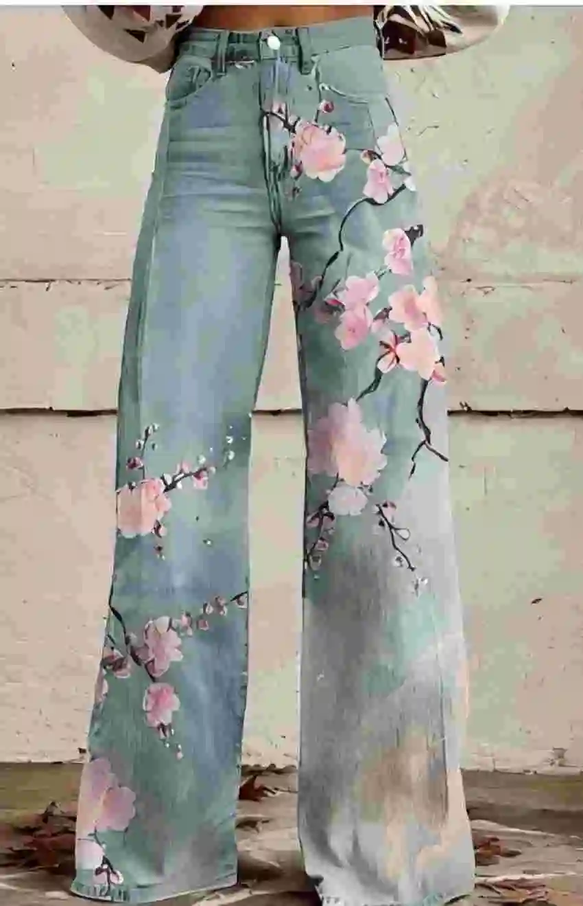 

Women's Vintage 90s High Waisted Wide Leg Pants - Floral Print Denim-Like Baggy Trousers for Casual Retro Style (2025 Design)