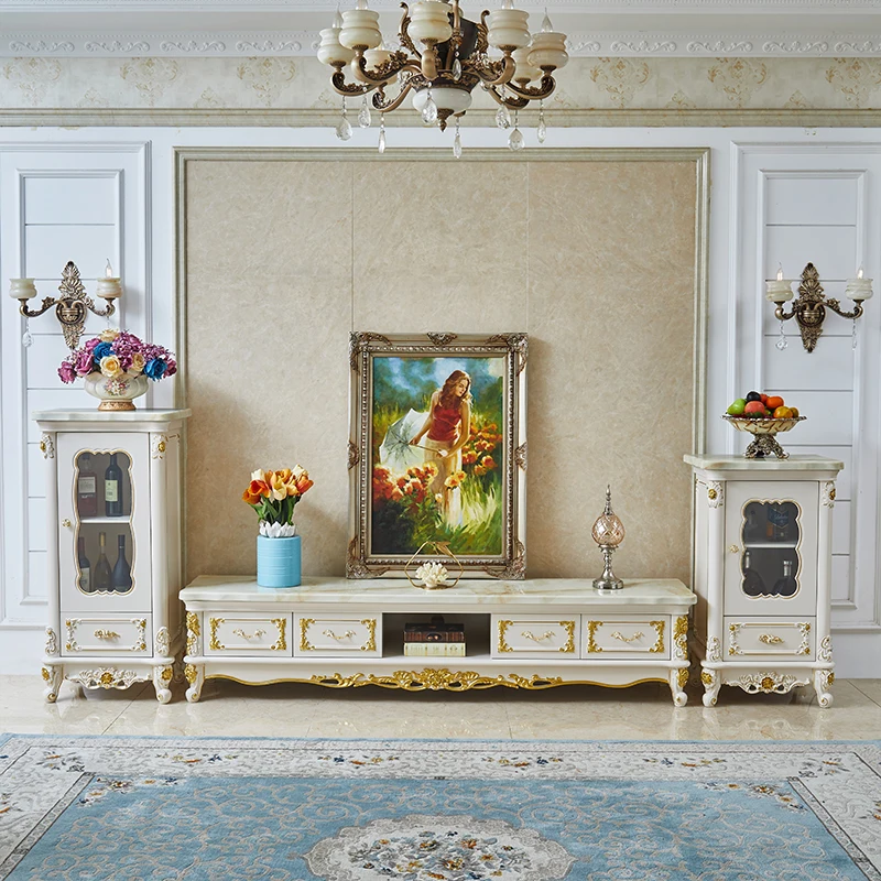 European style marble TV cabinet combination of high and low cabinets. Luxury furniture in the villa living room.