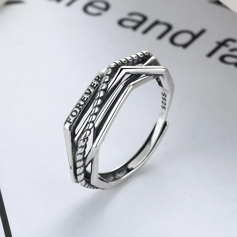 100% S925 Silver Open-End Ring for Men and Women with Irregular Crossed Lines , Simple and Trendy