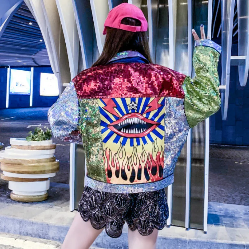 Women Sequins Denim Bomber Jacket Hip Hop Loose Harajuku Holes Spliced Embroidery Beading Coat Cardigan Jeans Streetwear Rompers