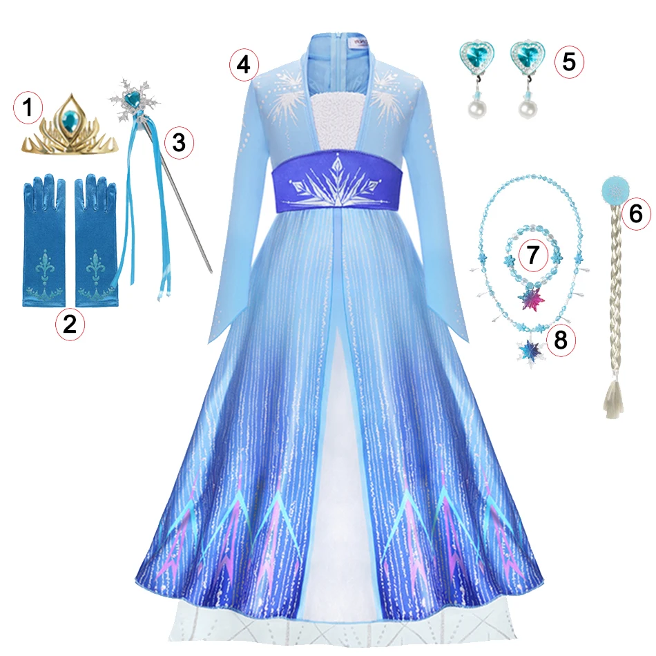 Girls Elsa Princess Cosplay Crown Dress Set for Girl Kids Fancy Clothing Frozen White Dress Party Birthday Elsa Accessories