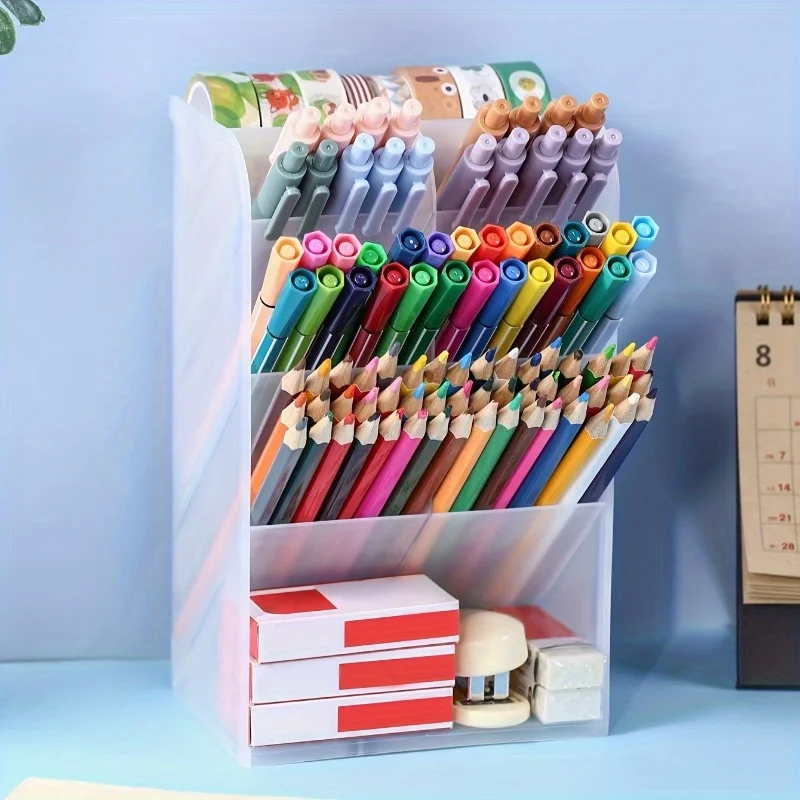 1pc Desktop storage box with slanted pen holder for pencils, staplers, erasers and office documents with high-capacity storage