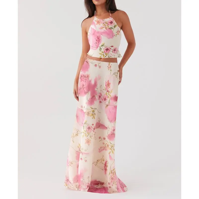 Combhasaki Women Summer 2Pc Floral Print Outfit Set Crop Lace-up Halter Neck Backless Tops+Elastic Waist Mesh Layered Long Skirt
