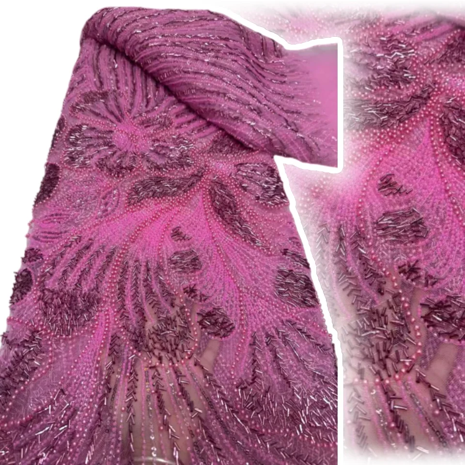 

2026 High-Quality Nigerian African Beaded Lace Fabric Sequin French Tulle Lace Wedding Fabric Dress Sewing Material 5 Yards 1930