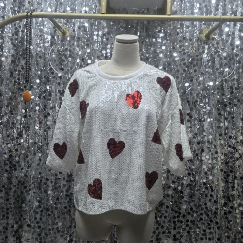 Round Neck Hip Hop Night Club Geometry Straight Women's Tops Women's Summer New Short Sleeve Sequins Streetwear Female T-Shirt