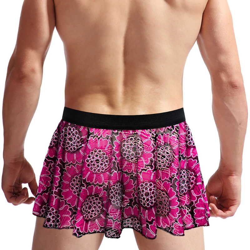 Men Lingerie Skirt Bodysuit Colorful Lace Pleated Skirts Vintage Floral Printed Clubwear Underwear Underpants Briefs Male