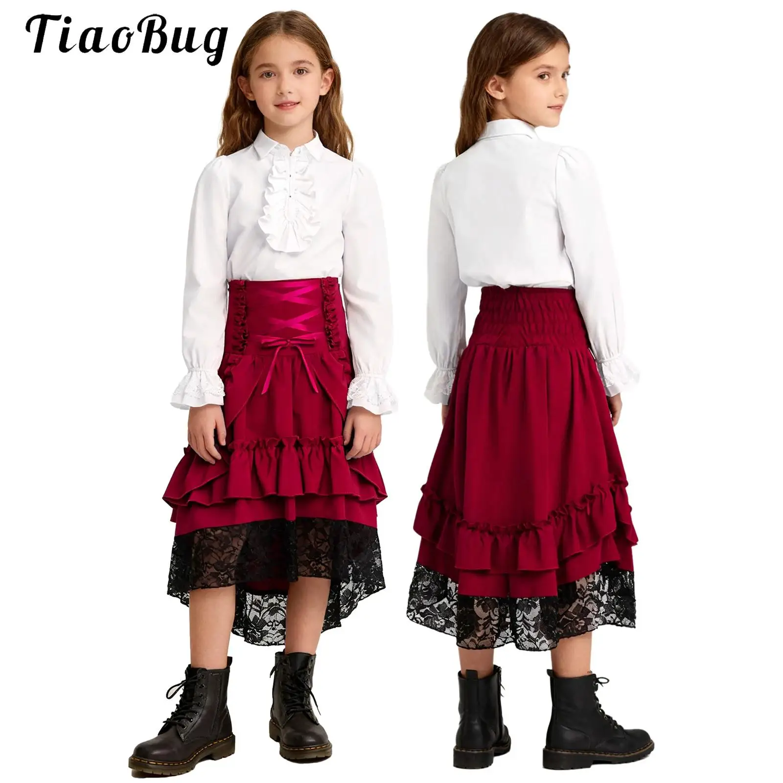 

Medieval Girls Costume Vintage Victorian Carnival Party Dress Outfits Renaissance White Ruffle Cuffs Shirt and Layered Skirt Set