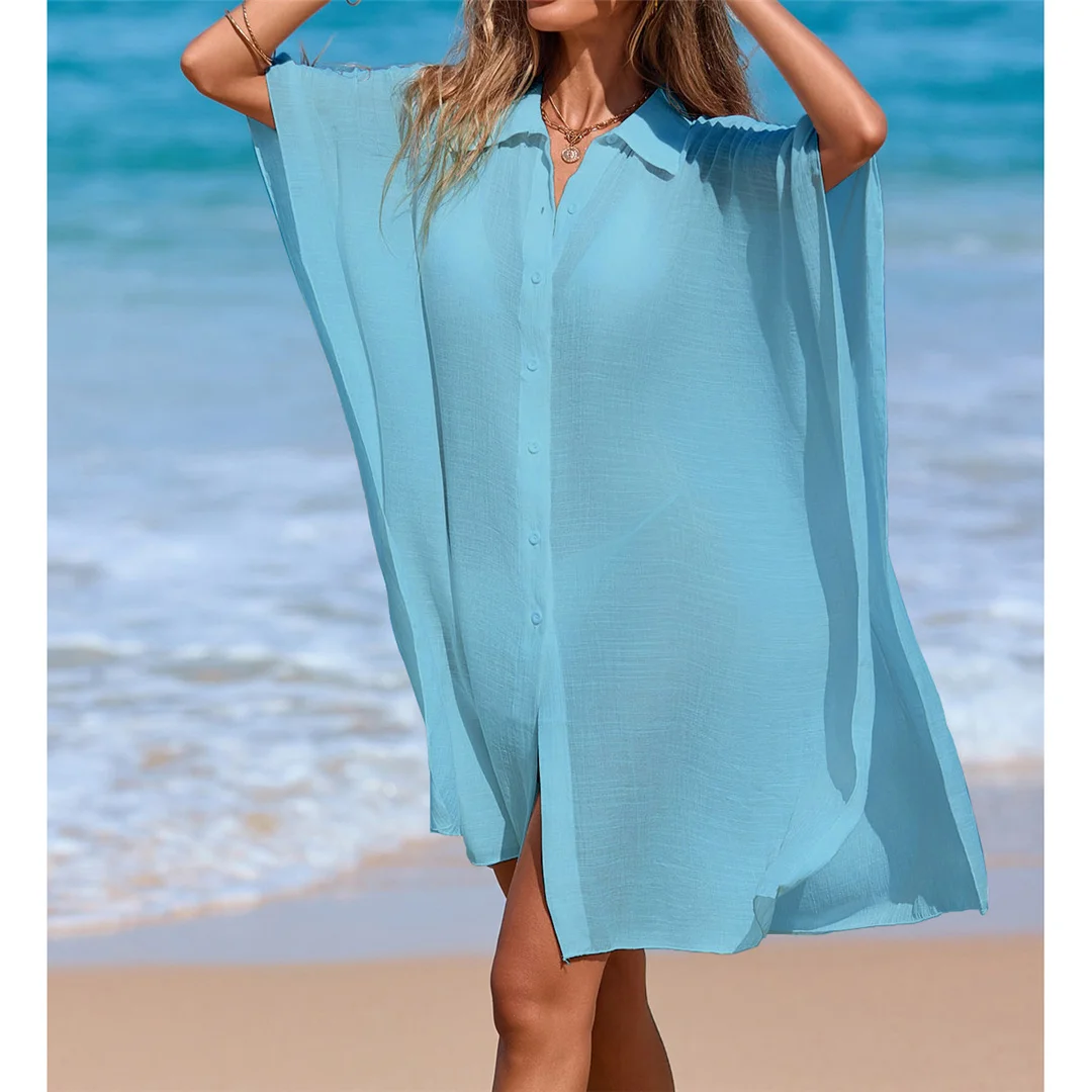 4 Farben, kurzärmeliges, langes Hemd, Oberteil, Tunika, Strandkleid, Strandbekleidung, Strandmode, Strandüberwurf, Damen, V7538 – Detail 18