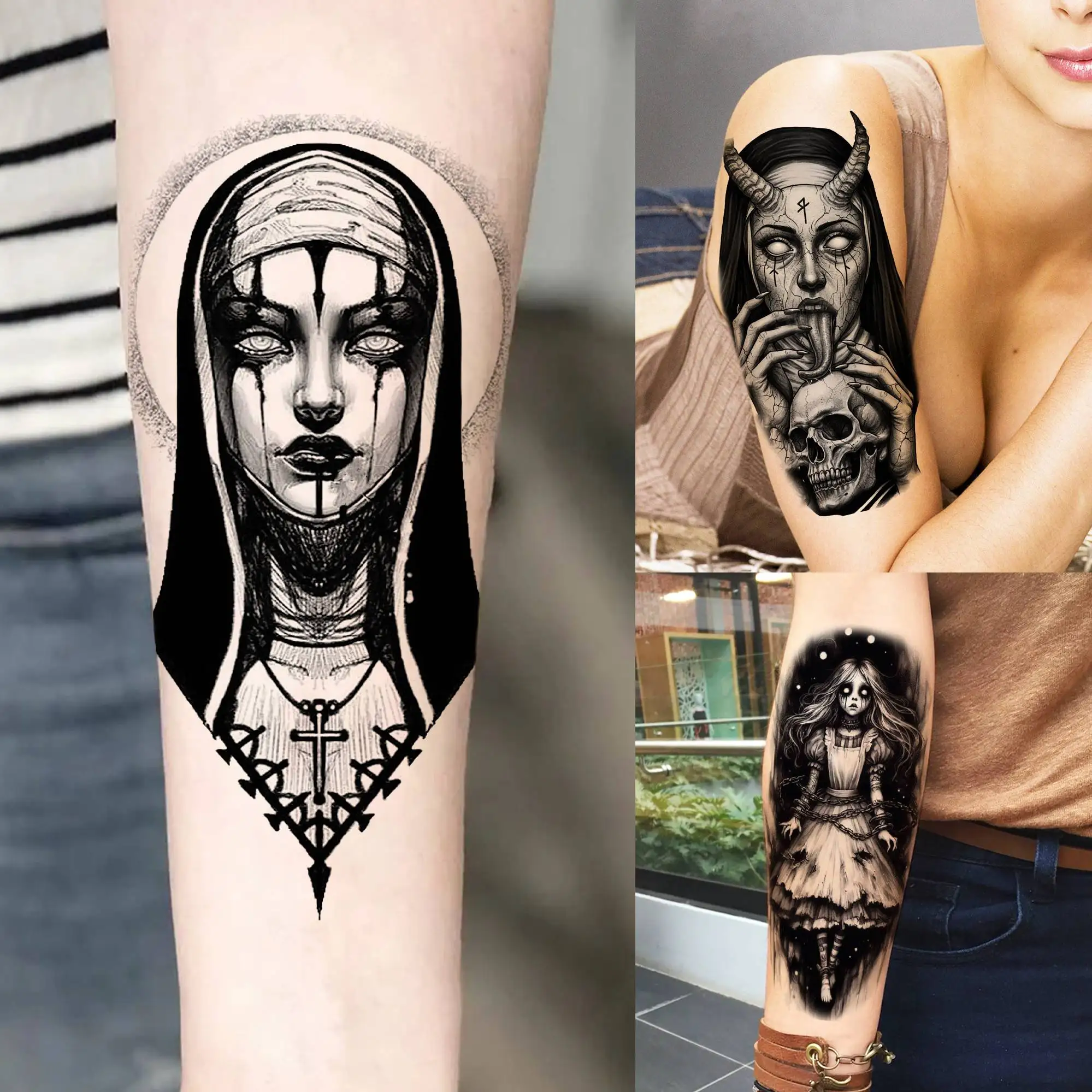 

1 Sheet Scary Evil Nun Zombie Vampire Temporary Tattoos For Men Women Halloween Long Lasting Waterproof Temp Fake Tattoo Sticker