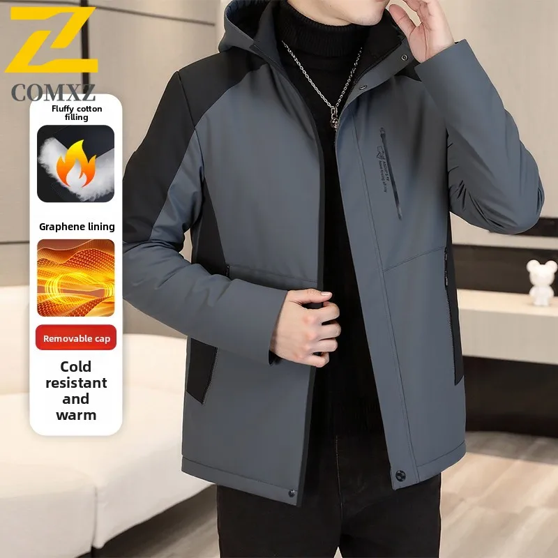 

Men Graphene Detachable Hood Jacket Winter Parka Thermal Coat Thickened Windproof Waterproof Solid color American Style Workwear