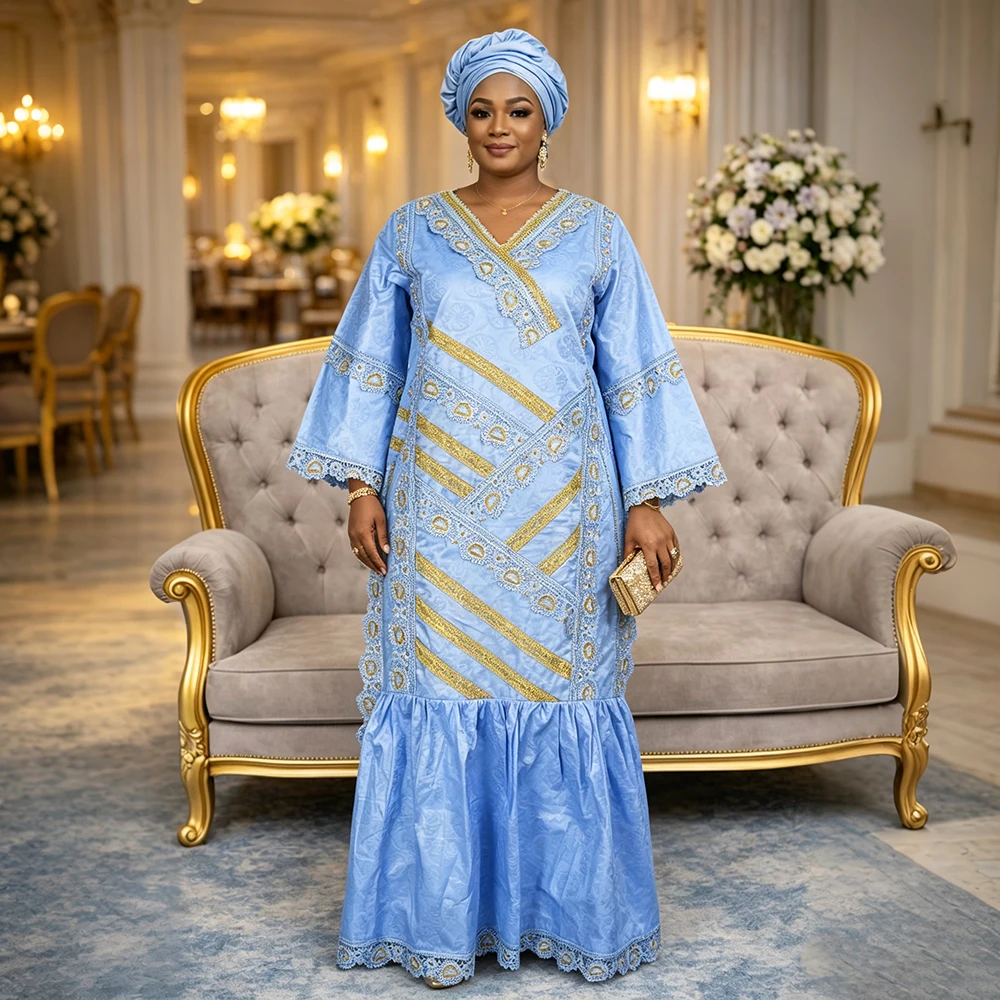 Plus Size African Party Long Dresses for Women 2026 New Luxury Bazin Embroidery Robe Elegant Outfits Muslim Wedding Evening Gown