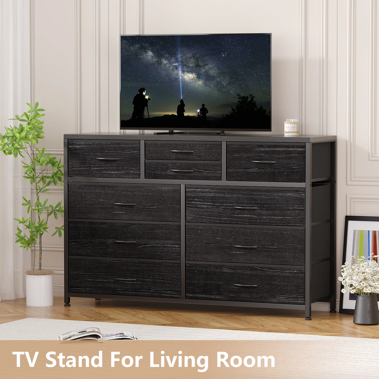 10 Drawer Dresser,Fabric TV Stand for 55 Inch TV Storage Organizer | 6 Large + 2 Medium + 2 Small Fabric Drawers,Sturdy Wood Top Steel Frame For Bedroom