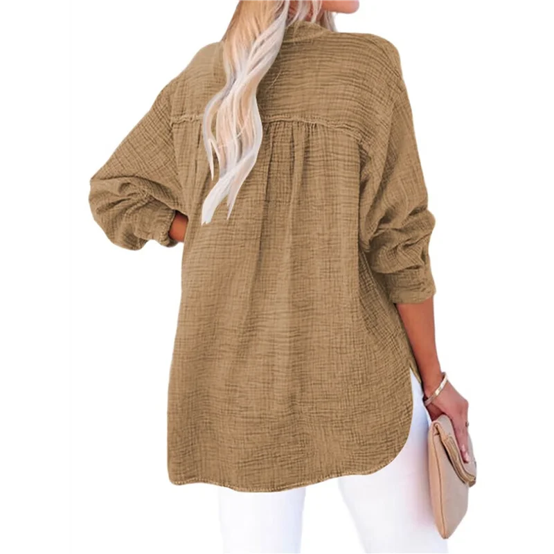 

AG-Womens Casual Button V Neck Long Sleeve Shirts Oversized Solid Blouses Tops