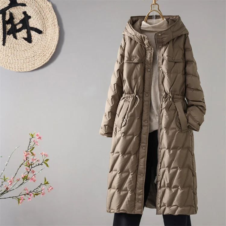 Autumn Winter Office Lady Slim Outwear with Hood Luxurious Coat 2026 New Women 90% White Duck Down Long Jacket