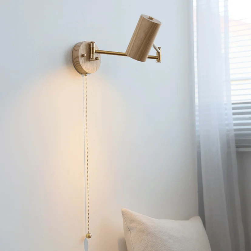 Retro Left and Right Rotation Adjustable Wood Grain Wall Lamp Bedroom Bedside Study Reading Lamp Creative Home Long Arm Lamp