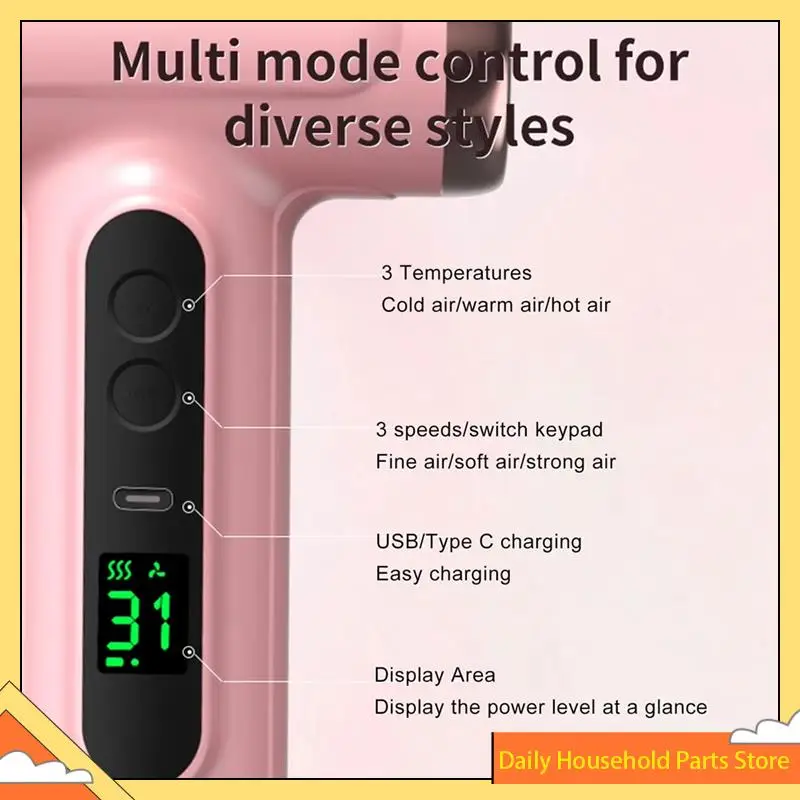 【تخفيضات كبيرة】مجفف شعر بمقبض مريح للشحن عبر USB بالهواء الساخن والبارد بقدرة 200 وات مجفف شعر سريع الجفاف مع فوهة للسفر