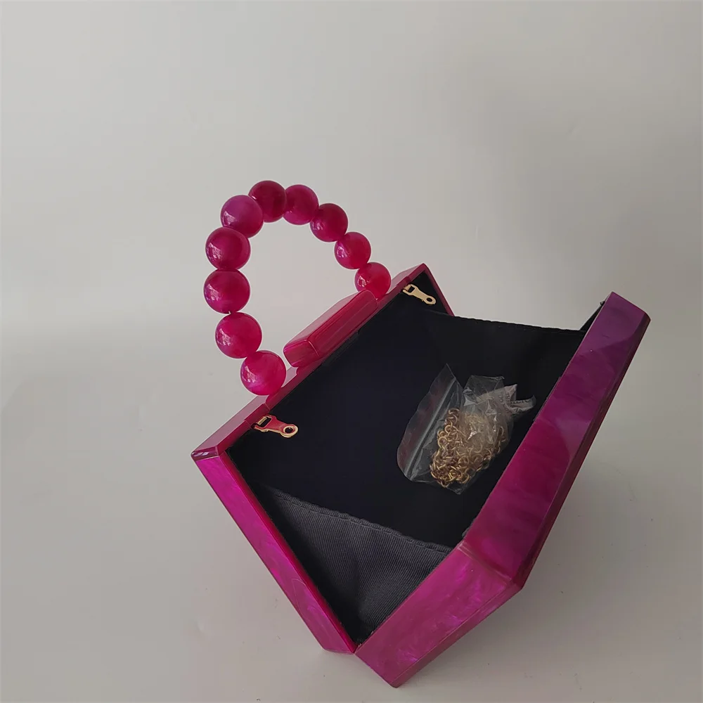 Hot Pink Rose Red Pearl Marble Acrylic Box Evening Clutch Bag For Party Female Wedding Mini Beaded Kawaii Purses Bolsa Feminina