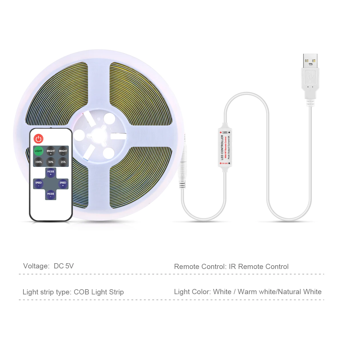 Striscia LED COB DC5V con telecomando dimmerabile 1/2/3/5M nastro LED USB bianco/caldo per luce decorativa per interni