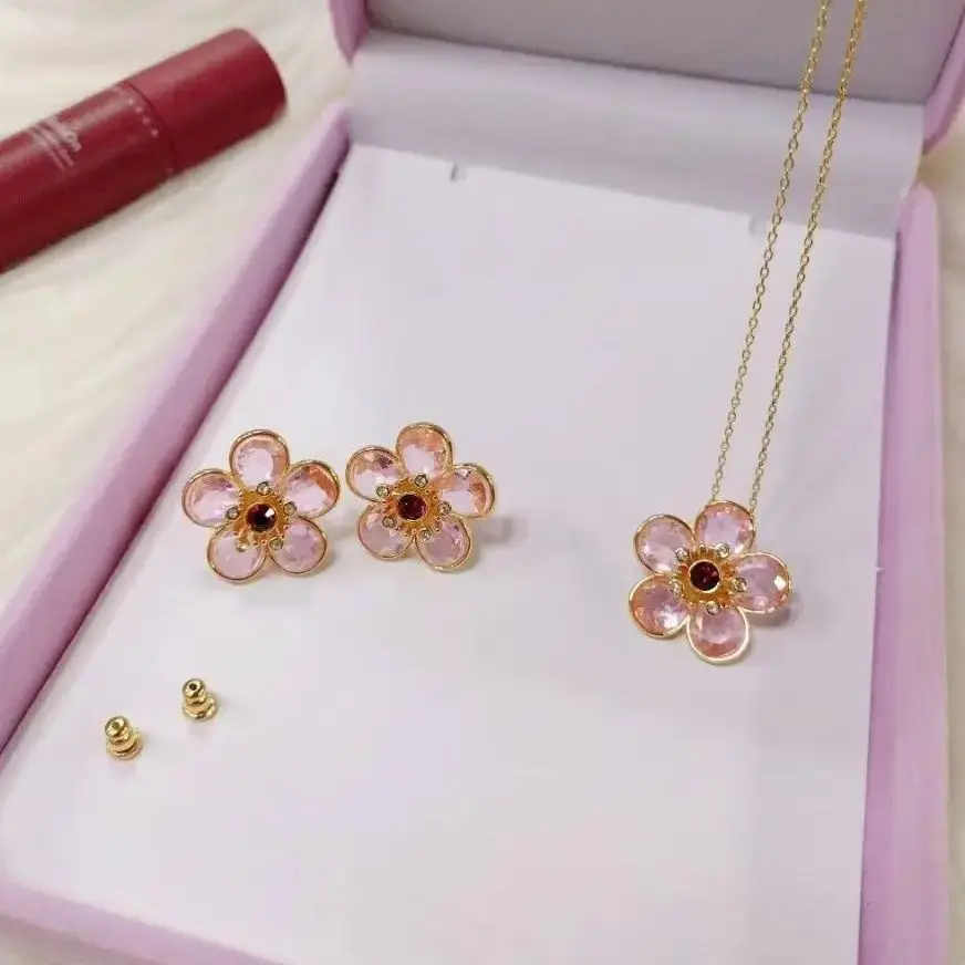 

Femininity Pink Flower Shaped Original Jewelry Set Earrings & Necklace Gift Bag Elegance Jewelry For Women Dropshipping Custom