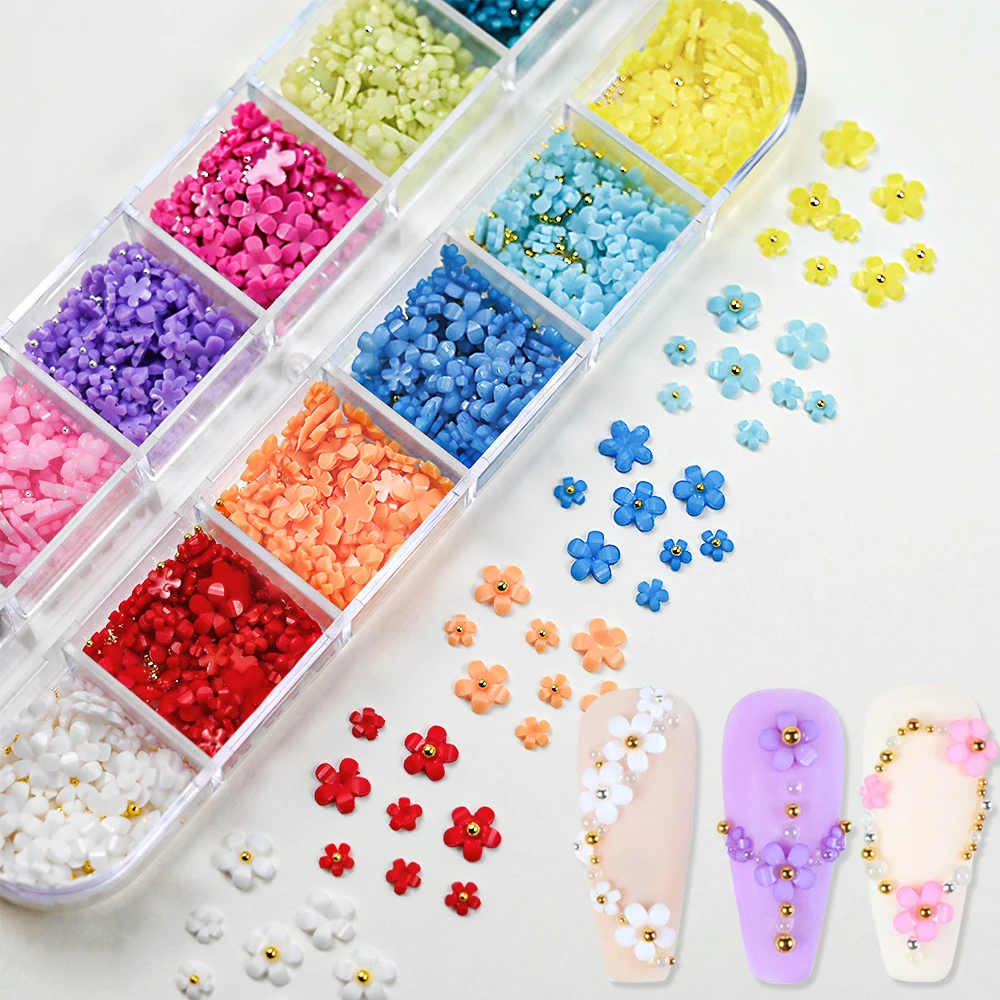 12Grid Colorful Acrylic Flower Nail Art Charms 3D Spring Summer Petal Blossom Rhinestones with Caviar Beads Manicure Decoration