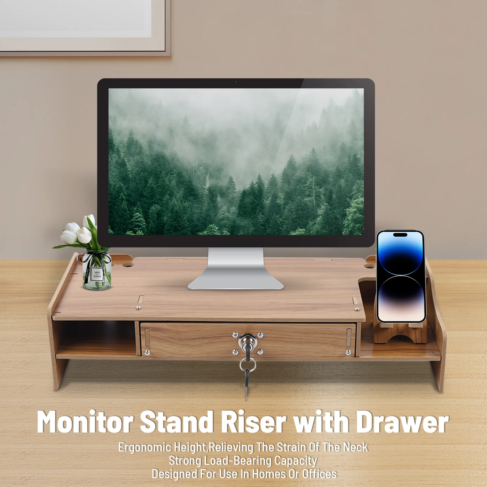 Monitorstandaard Riser Met Lade Gebouwd Met Opberglade Geschikt Voor Laptop Scherm Computer Desktop Organizer Telefoon