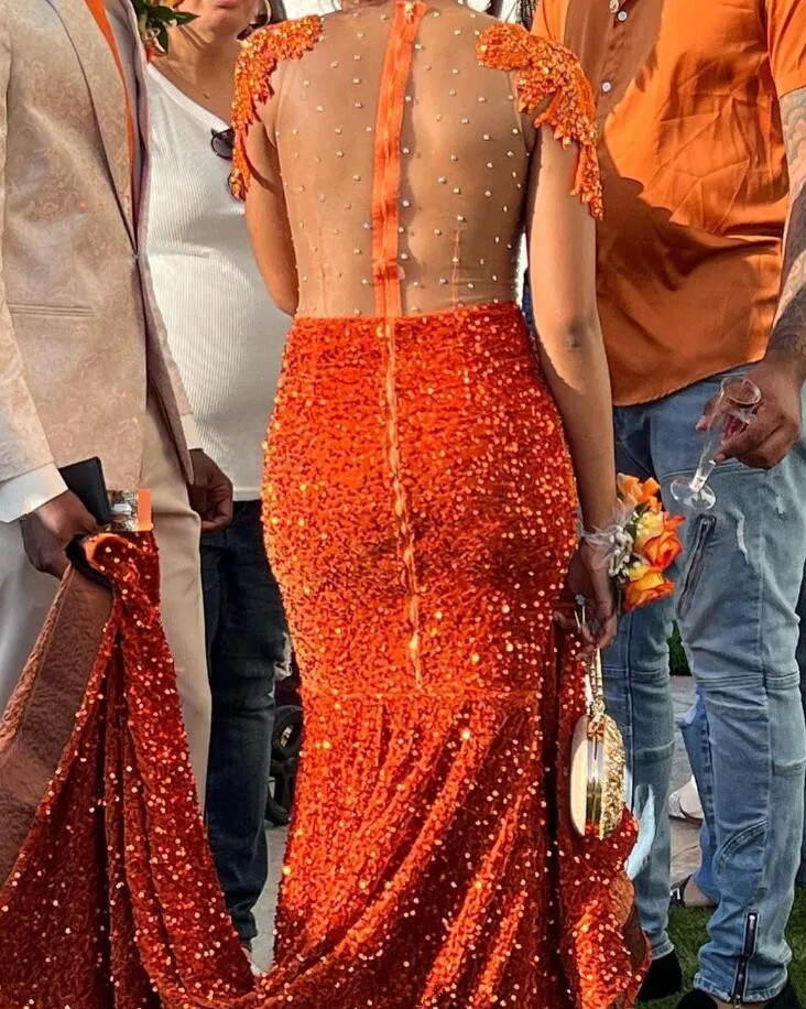 Orange Luxury Trumpet Evening Dress For Women Sparkly Diamond Tassel Black Girl Slay Birthday Gown bestido de gala