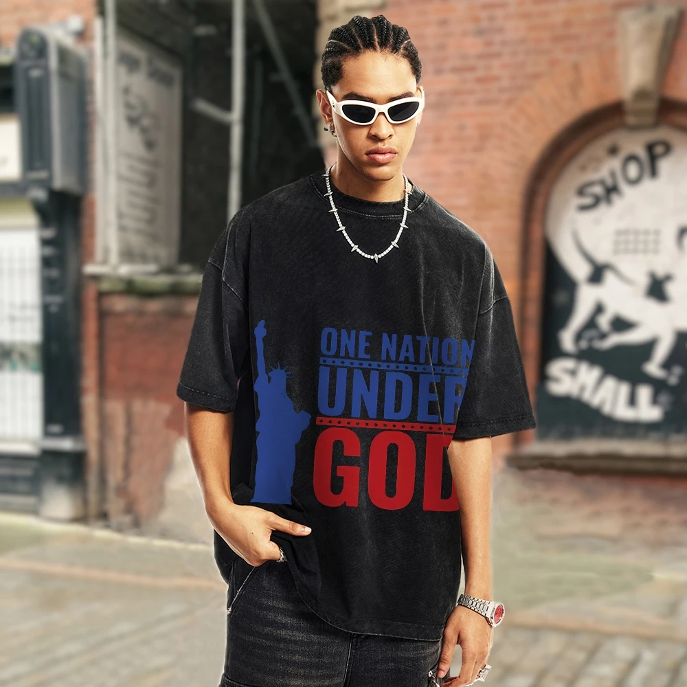 One Nation Under God Trendy Vintage Unisex Washed T-shirt,90s Vintage Oversize Vintage T-Shirt,Retro T-Shirt,Washed Stylish Tee