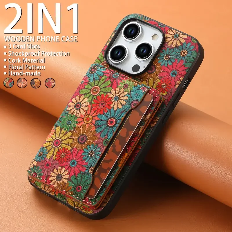 Denior Suitable For iPhone 16/15/14 Plus Premium Floral Totem Cork Phone Case For iPhone 13/12 Pro Max Card Holder Back Cover