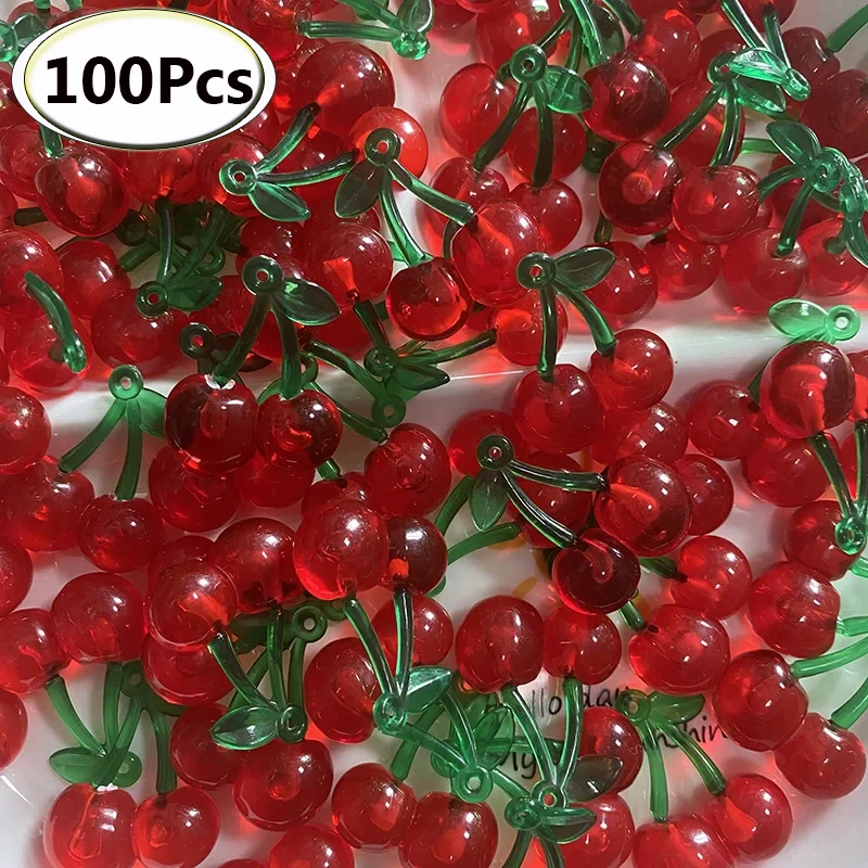 100Pcs Wholesale Acrylic Red Cherry Charms Fashion Fruit Earrings Pendants for Necklace Keychain Accessory DIY Jewelry Making